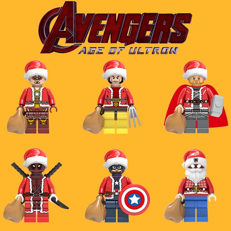 Six Christmas-themed superhero minifigures