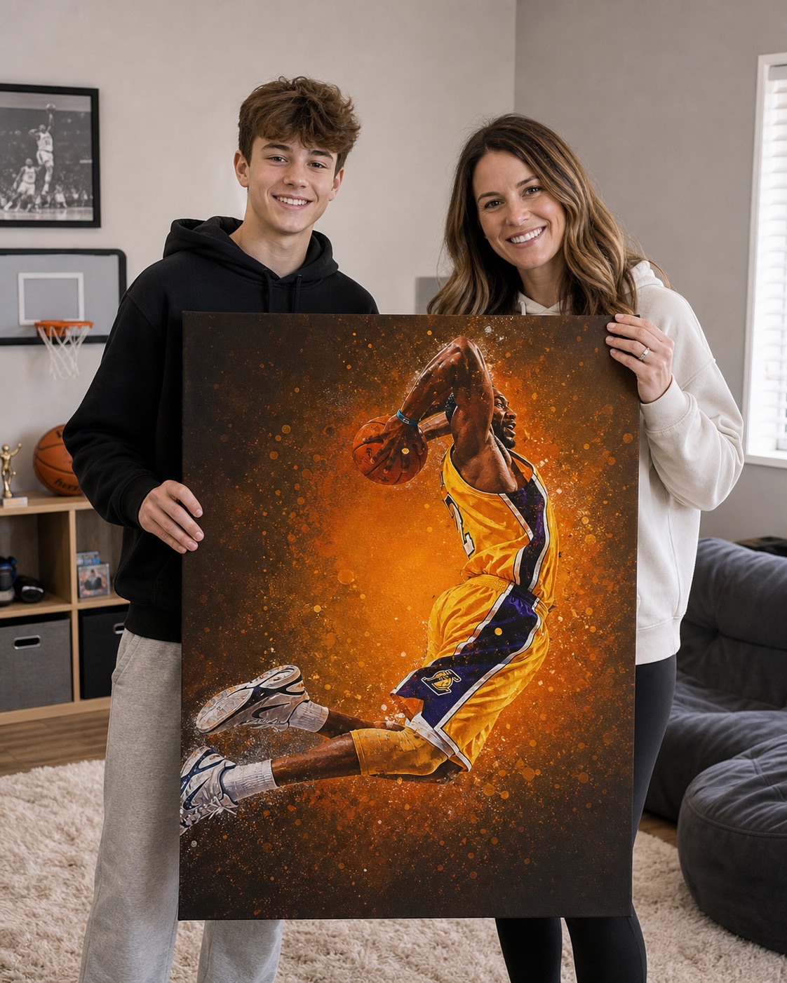 Basketball wall art in a home setting