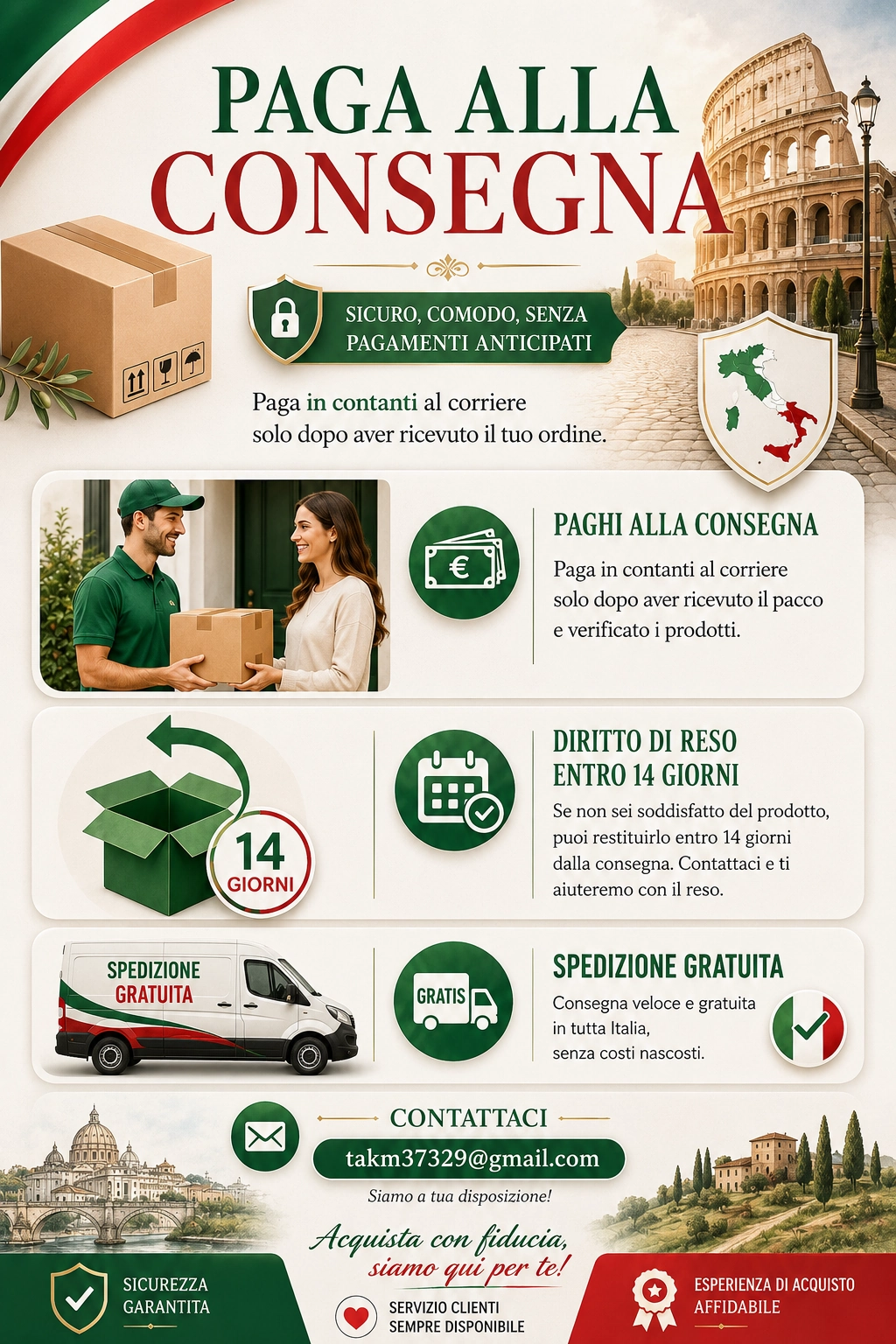 Pagamento alla consegna, reso entro 14 giorni e spedizione gratuita