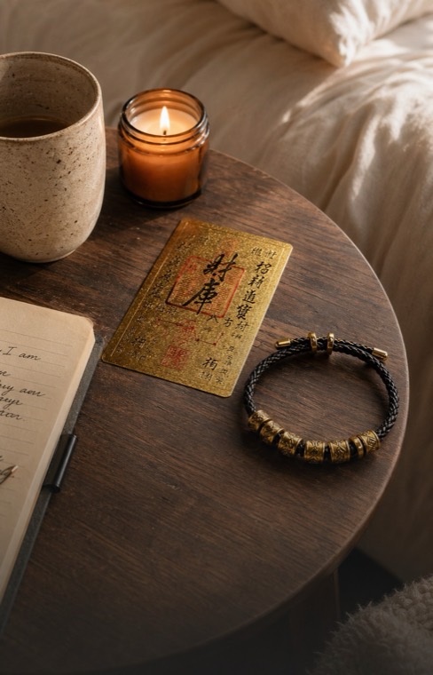 Luck Comes manifestation card on a bedside table