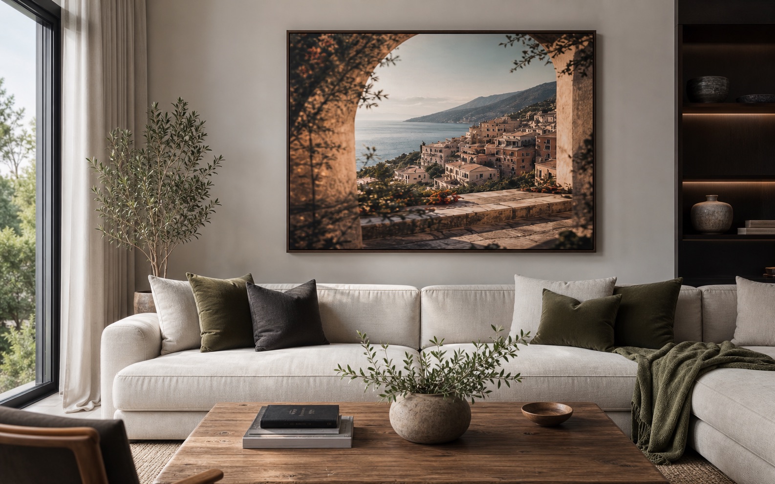 Wall art displayed above a sofa for room scale