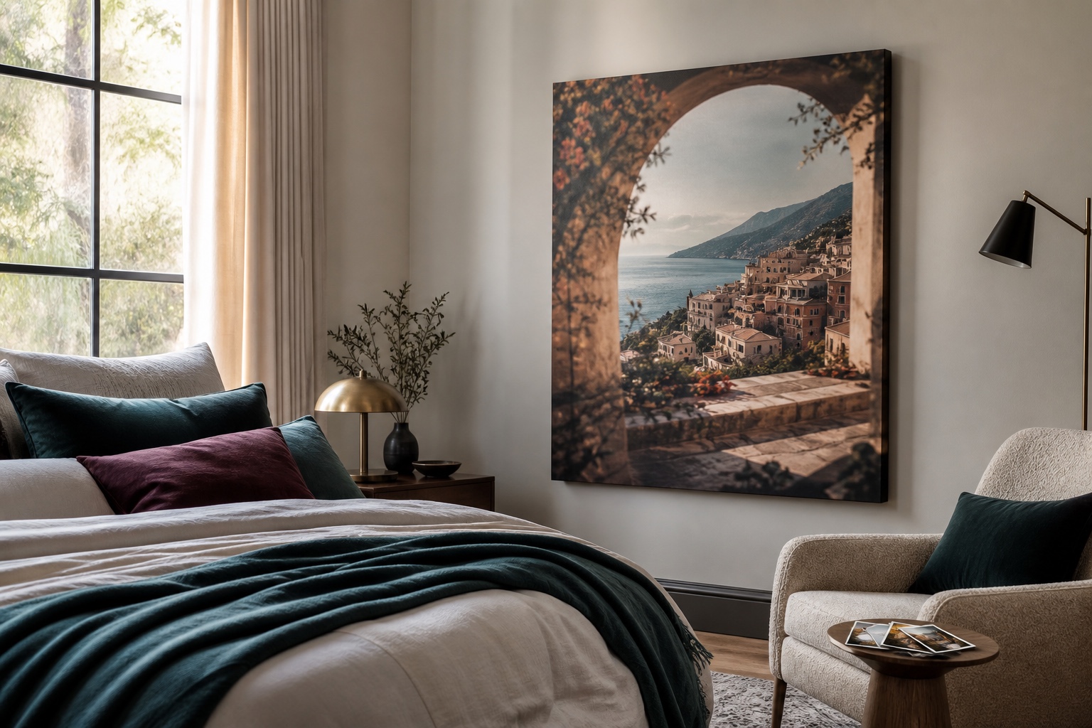 Custom photo canvas in a styled bedroom
