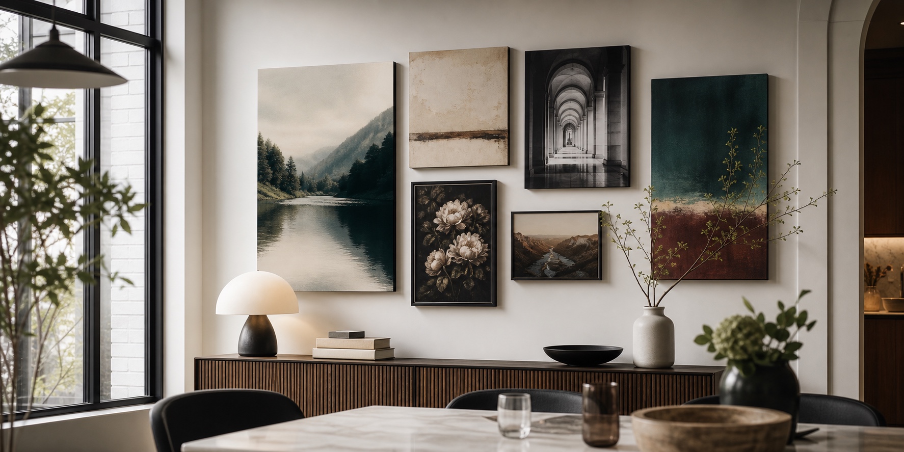 Curated gallery wall in a modern dining room