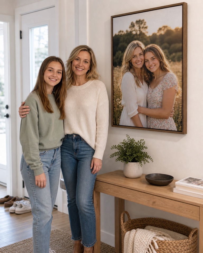 Mother and daughter hanging art